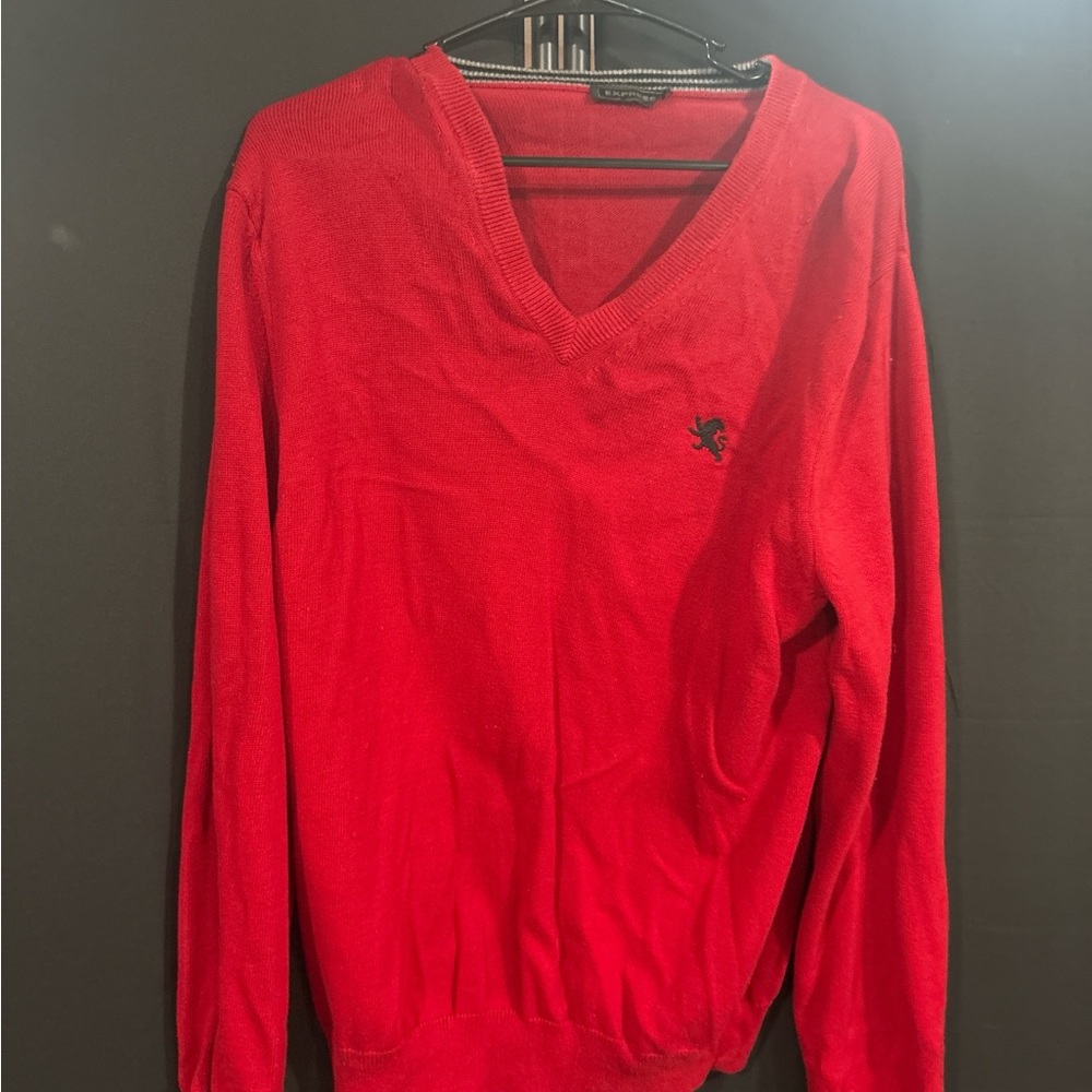 Red V-Neck Sweater with Logo